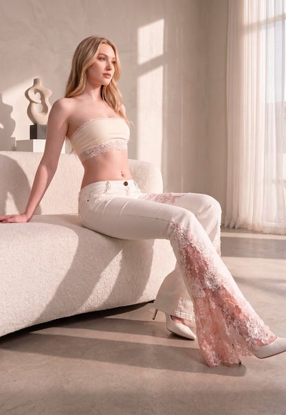 Lace Flare Jeans – Ivory & Midnight – Ultra Stretch Couture 🔥