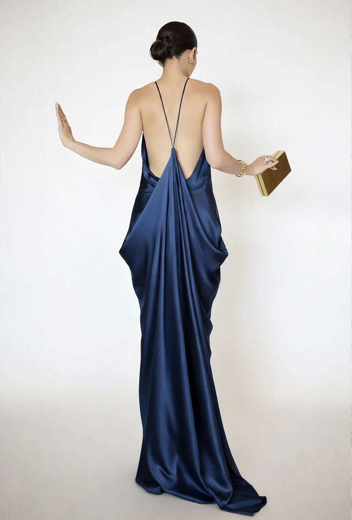 Elegant Backless Satin Halter Midi Dress