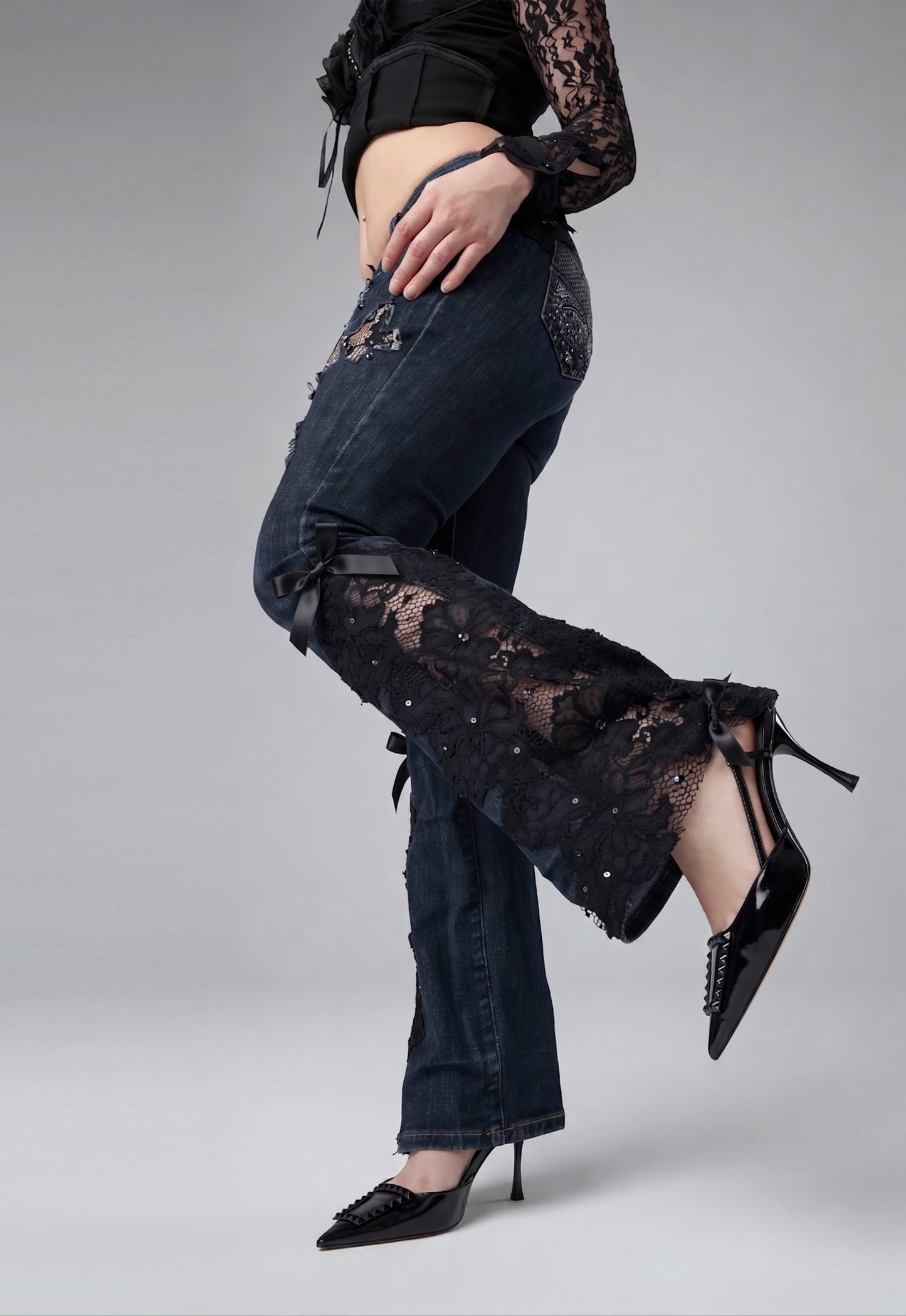 Lace Flare Jeans – Ivory & Midnight – Ultra Stretch Couture 🔥